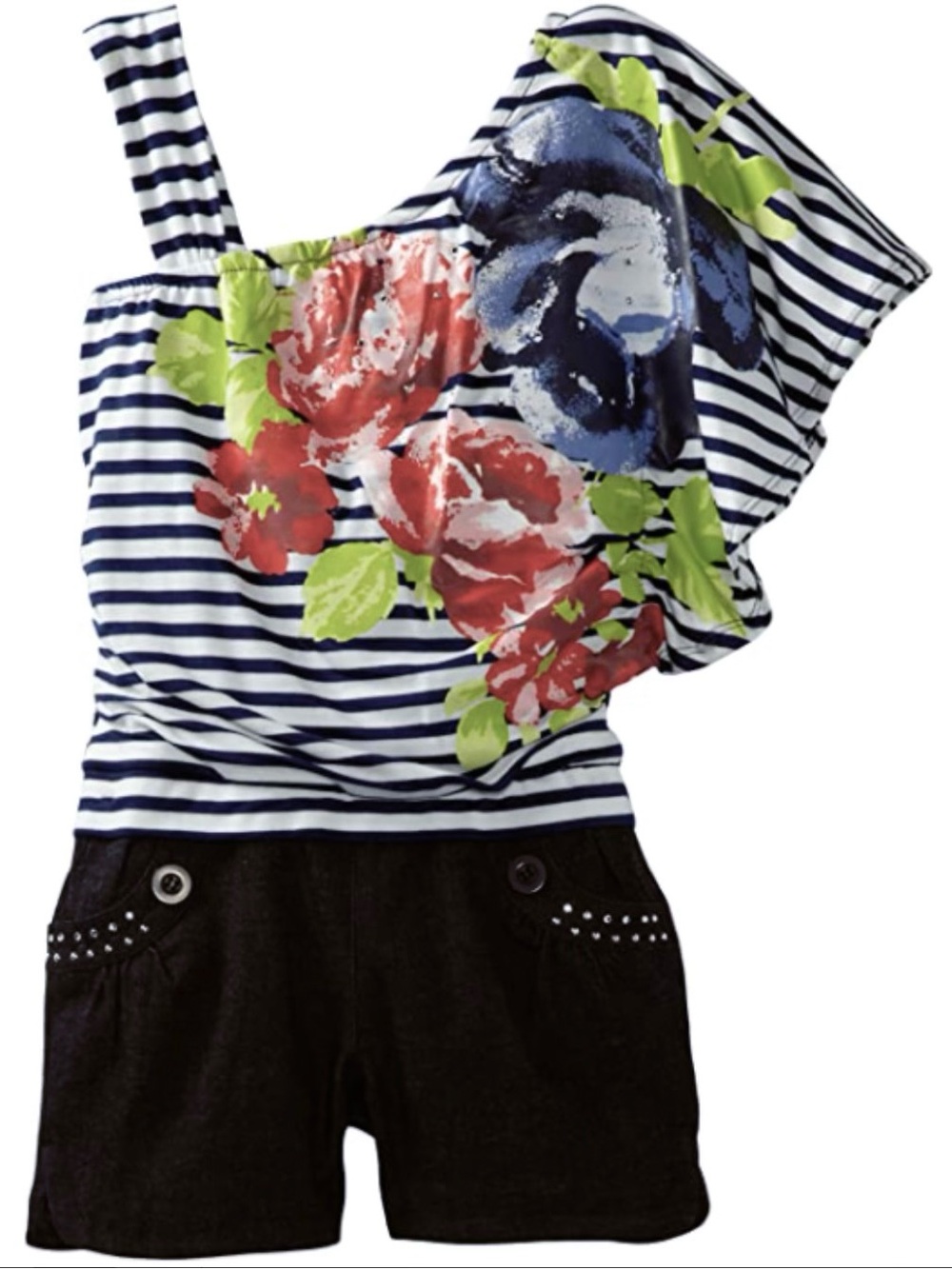 Jolt Big Girls' Striped Floral Romper Dress